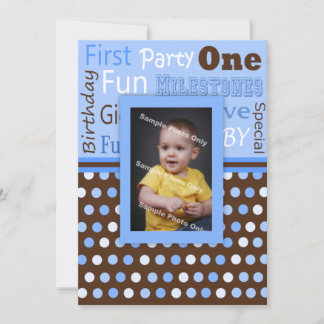Boy's Blue Polka Dots Baby's First Birthday Photo Invitation