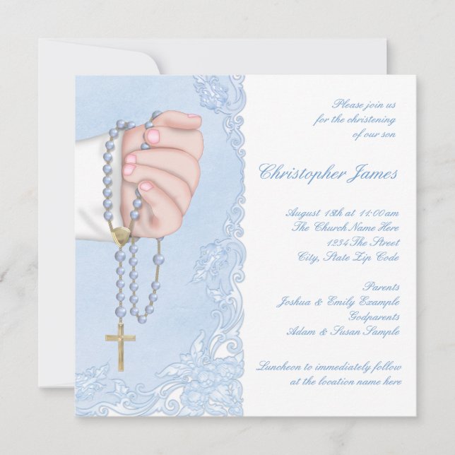 Boys Blue Rosary Christening Invitation (Front)