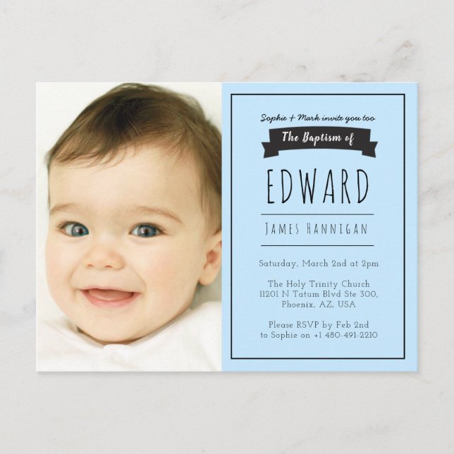 Boys blue simple, baptism invitation (Front)