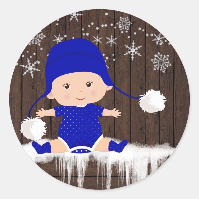Boys Blue Snowflake Baby Shower Stickers (Front)