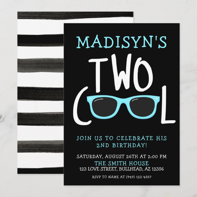 Boy's Blue Sunglasses Two Cool 2nd Birthday Invitation (Front/Back)