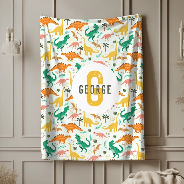 Boys Blue T-Rex Jungle Dinosaur Monogrammed Fleece Blanket (Creator Uploaded)