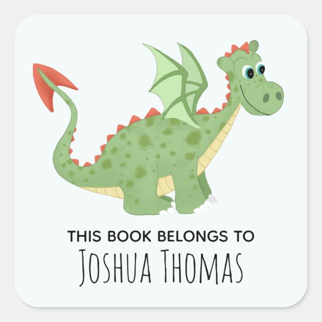 Boys Blue 'This Book Belongs' Dragon and Name Kids Square Sticker (Front)