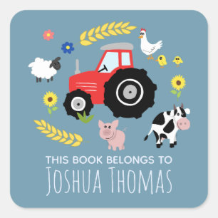 Boys Blue This Book Belongs Farm Tractor Name Kids Square Sticker