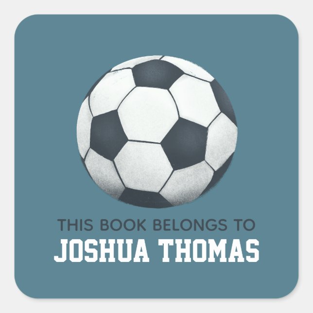 Boys Blue This Book Belongs Soccer Kids Square Sticker (Front)