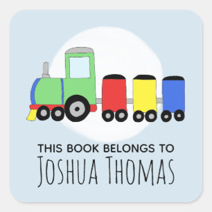 Boys Blue This Book Belongs Train and Name Kids Square Sticker