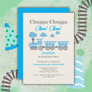 Boys Blue Train 2nd Birthday Party Invitation