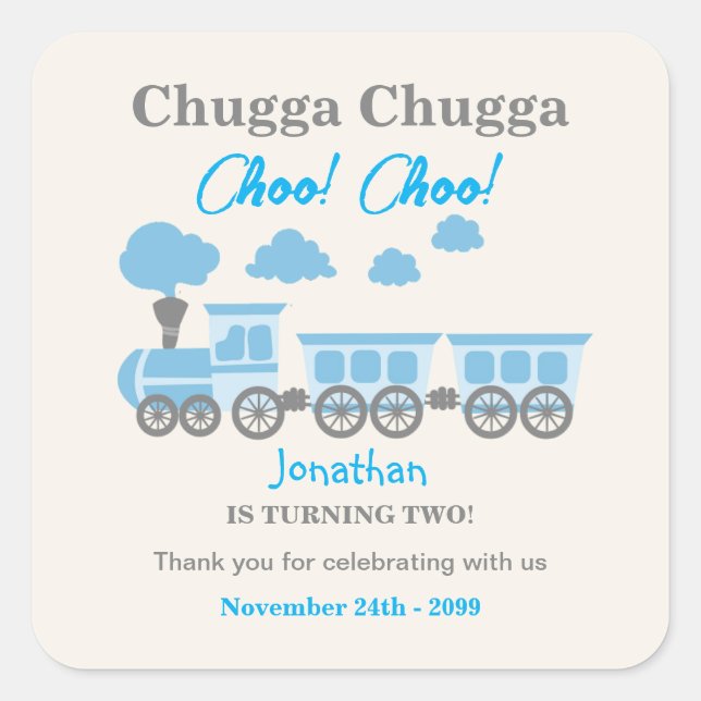 Boys Blue Train 2nd Birthday Party Square Sticker (Front)