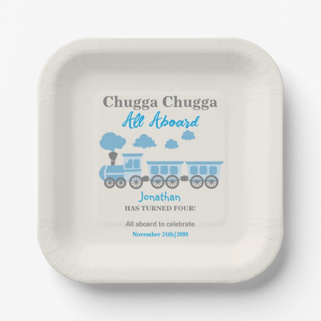 Boys Blue Train Any Age Birthday Party Paper Plate (Front)