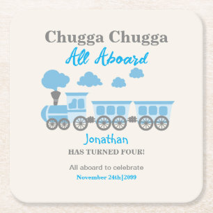 Boys Blue Train Any Age Birthday Party Square Paper Coaster