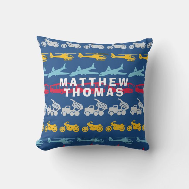 Boys Blue Transportation Coussin pour enfants (Recto)