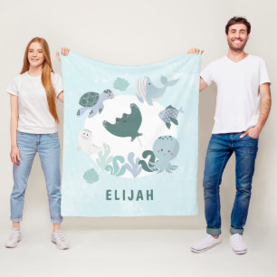 Boys Blue Under The Sea Ocean Animals Kids Fleece 