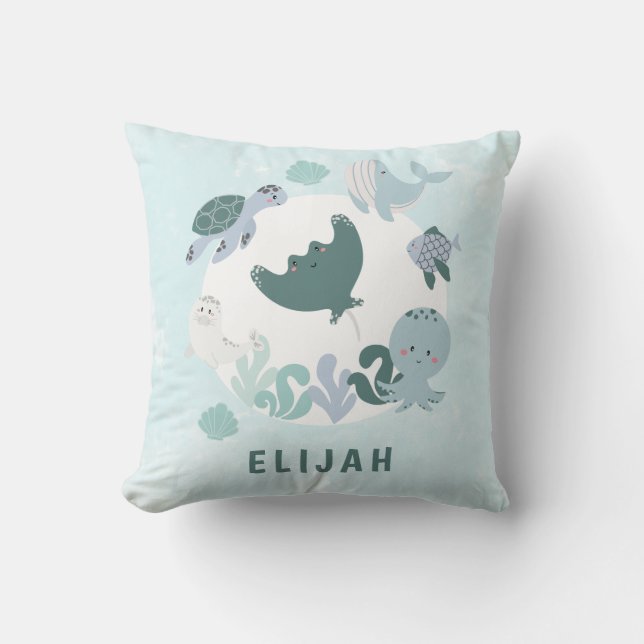Boys Blue Under The Sea Ocean Animals WIth Name Throw Pillow (Front)