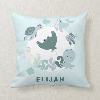 Boys Blue Under The Sea Ocean Animals WIth Name Throw Pillow