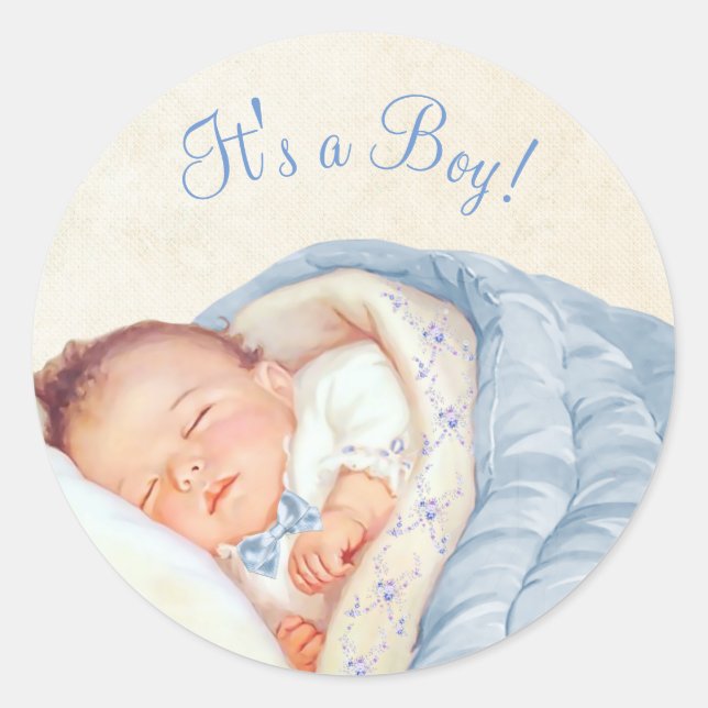 Boys Blue Vintage Baby Shower Classic Round Sticker (Front)
