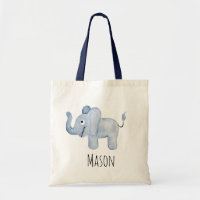 Boy's Blue Watercolor Baby Elephant Safari Name