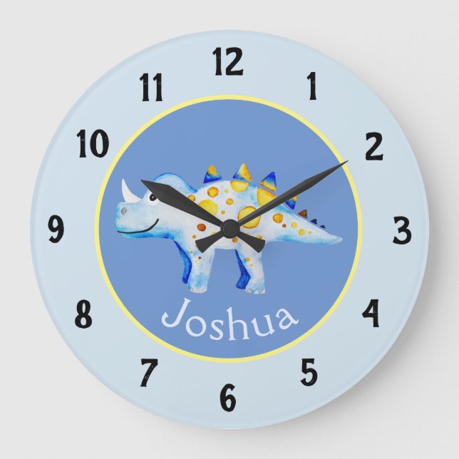 Boys Blue Watercolor Dinosaur and Name Kids Large Clock (Front)
