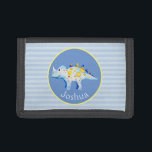 Boys Blue Watercolor Dinosaur and Name Kids Trifold Wallet<br><div class="desc">This lovely design features a hand painted blue and gold watercolor dinosaur with a striped background,  and can be personalized with your boy's name. Perfect for any dinosaur loving kids first wallet. Check out our store for other gorgeous designs!</div>
