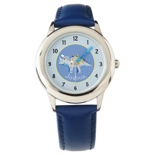 Boys Blue Watercolor Dinosaur and Name Kids Watch (Front)