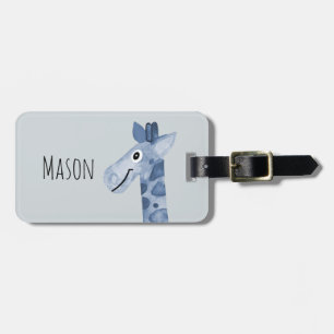 Boy's Blue Watercolor Giraffe Safari and Kids Name Luggage Tag