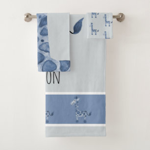 Boy's Blue Watercolor Giraffe Safari Baby/Child's Bath Towel Set