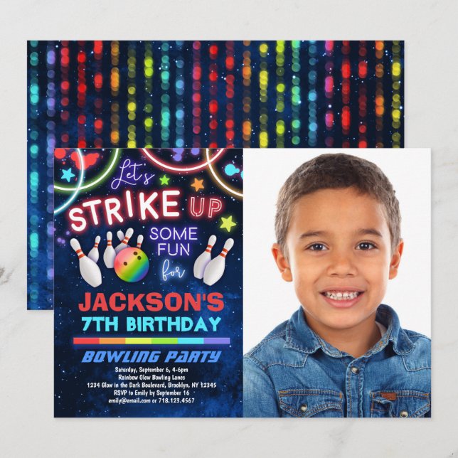 Boys Bowling Anniversaire Fête Photo Invitation (Devant / Derrière)