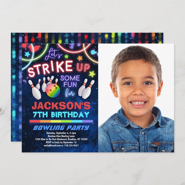 Boys Bowling Birthday Party Photo Invitation (Front/Back)