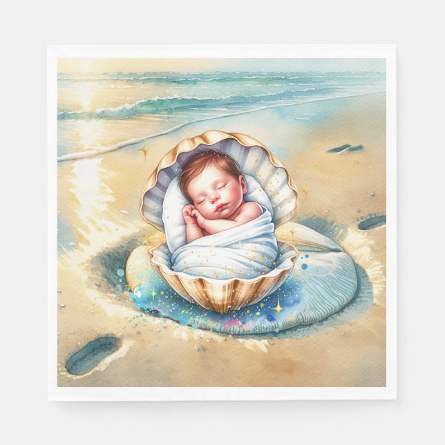 Boy's Brown and Blue Coastal Baby Shower Napkin (Front)