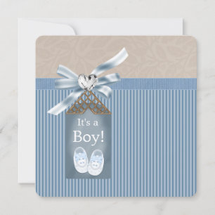 Boys Brown Blue Pinstripe Baby Shower Invitation