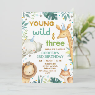 Boys Brown Cheetah Print Young Wild Three Birthday Invitation