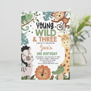 Boys Brown Green Young Wild Three 3rd Birthday Invitation