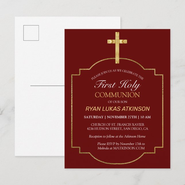 Boys Burgundy Gold Cross 1st Holy Communion Invitation Postcard (Front/Back)