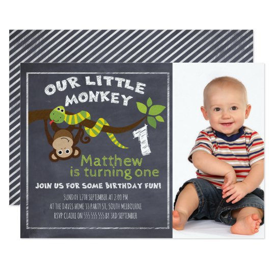 Boys Calkboard Monkey 1st Birthday Invitation