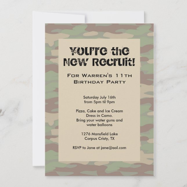 Boys Camo Army Invitations (Front)