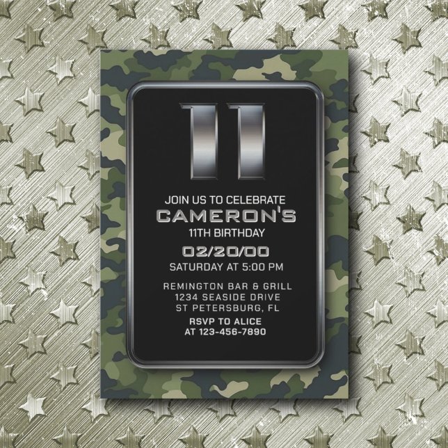 Boy's Camo Hunting Army 11th Birthday Invitation (Creator Uploaded)