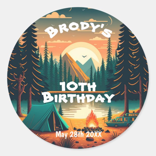 Boys camping Adventure Birthday Party Classic Round Sticker (Front)