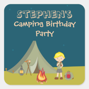 Boy's camping birthday party personalized stickers