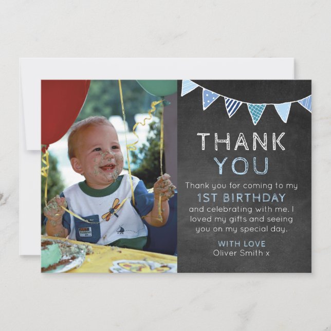 Boys chalkboard bunting birthday thank you card (Front)