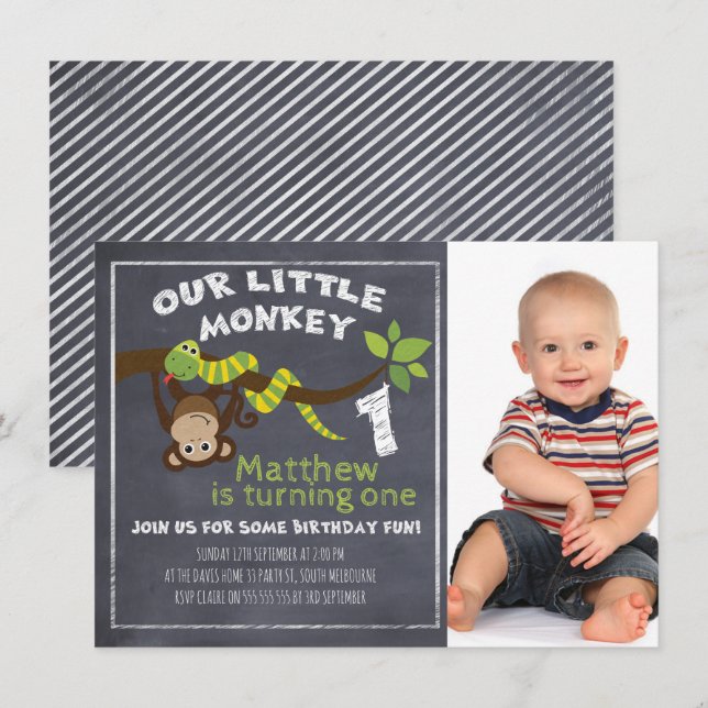 Boys Chalkboard Monkey 1st Birthday Invitation (Front/Back)