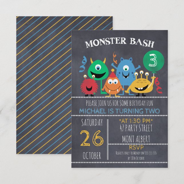 Boys Chalkboard Monster Bash Birthday Invitation (Front/Back)