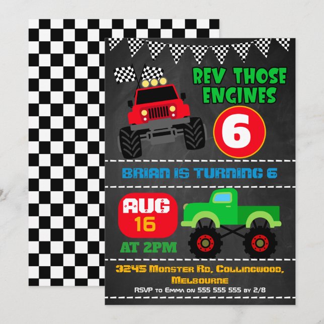 Boys chalkboard monster camions invitation anniver (Devant / Derrière)