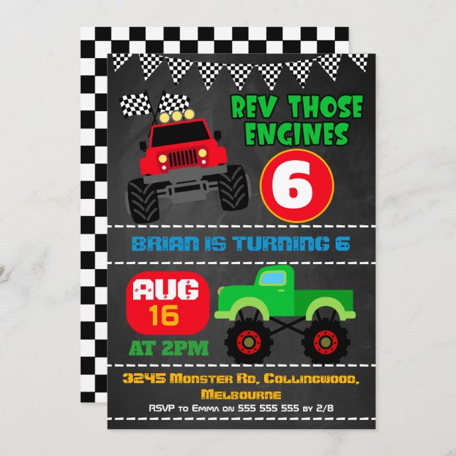 Boys chalkboard monster trucks birthday invitation (Front/Back)