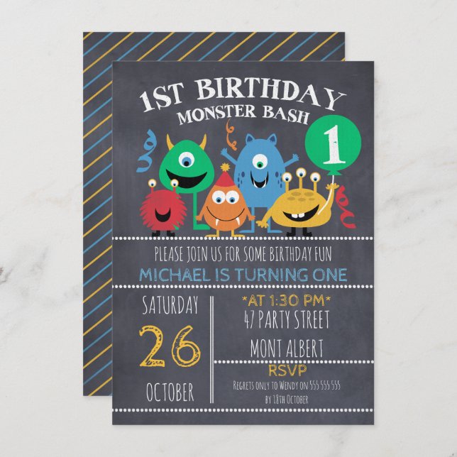 Boys Chalkboard Monsters 1st Birthday Invitation (Front/Back)