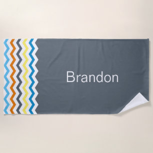 Boys Chevron Grey Blue Orange Pattern Personalized Beach Towel