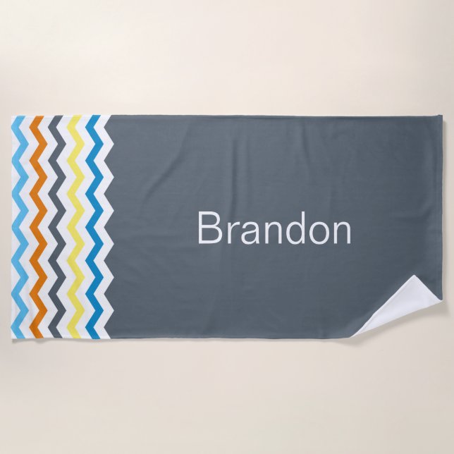 Boys Chevron Grey Blue Orange Pattern Personalized Beach Towel (Front)