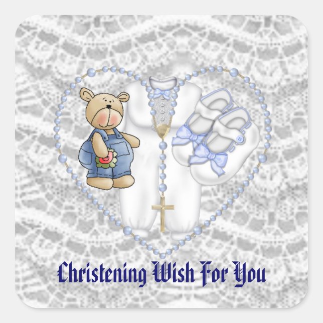 Boys Christening Bear Square Sticker (Front)