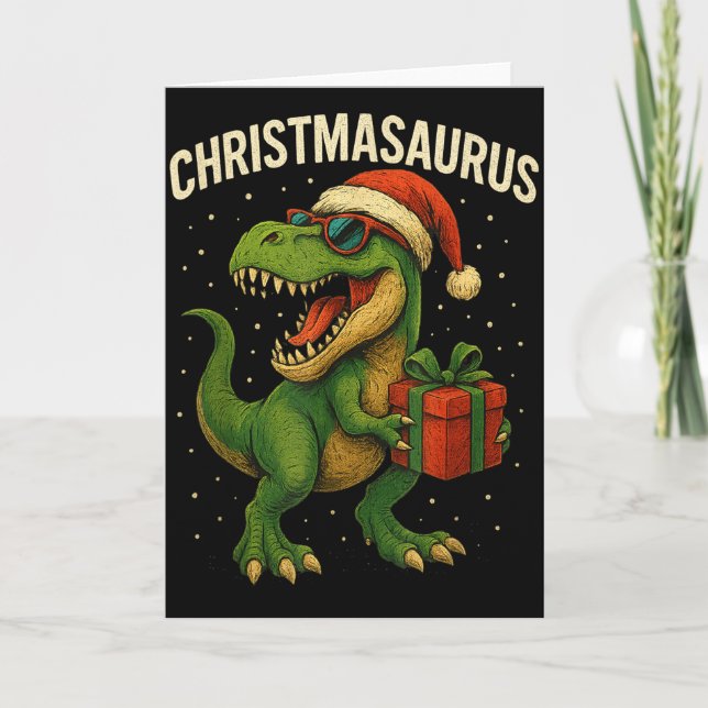 Boys Christmasaurus Christmas Dinosaur Dino Family Card (Front)