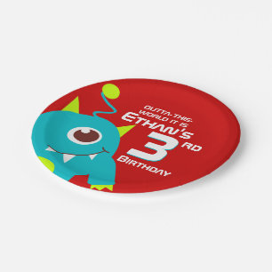Boys colourful alien 3rd birthday customized plate