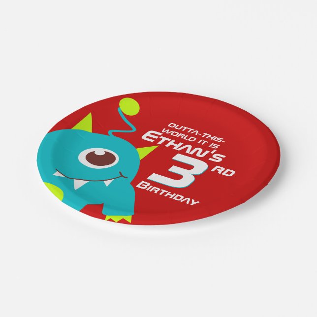 Boys colourful alien 3rd birthday customized plate (Angled)