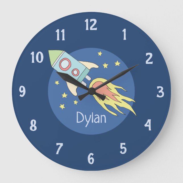 Boys Colourful Rocket Ship Space and Name Nursery Large Clock (Front)